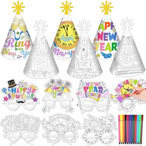 HOWAF Silvester Deko 2025 zum Ausmalen, 6 Silvester Partyhüte Silvester Hüte, 6 Silvester Brille 2025 Partybrille Ausmal Silvester Spiele für Kinder Silvester Accessoires, Happy New Year Deko 2025 von HOWAF