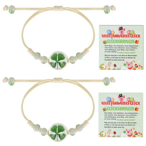 HOWAF Silvester Glücksbringer Kleeblatt Armband für Damen, Mädchen, mit Neujahrskarten, Neujahrsglücksbringer Glücksarmband, Silvester Mitbringsel, Viel Glück Kleine Neujahr Silvester Geschenk, Grun von HOWAF