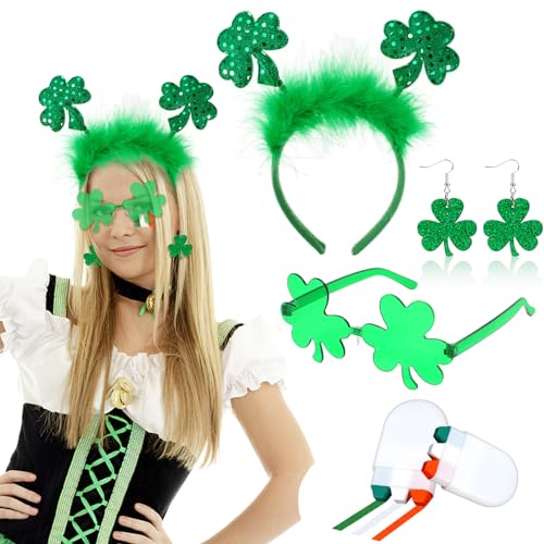 HOWAF St Patricks Day Accessoires, St Patricks Day Haarreif Kleeblatt Stirnband Haarschmuck St Patricks Day Brille Kleeblatt Brille Kleeblatt Ohrringe Irland Flagge Schminke, St Patricks Day Kostüm von HOWAF