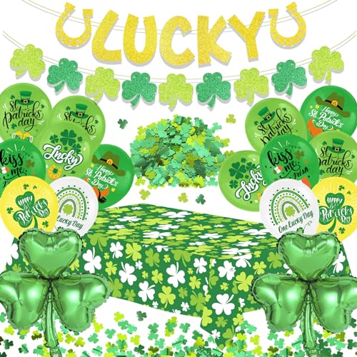 HOWAF St Patricks Day Deko, St Patricks Luftballons Kleeblatt Ballon St Patricks Girlande Kleeblatt Banner St. Patricks Day Tischdecke Kleeblatt Tischdecke Konfetti für Irland Kleeblatt Deko von HOWAF