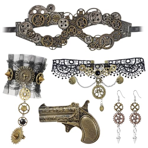 HOWAF Steampunk Accessoires Steampunk Kostüm Damen, Zahnräder Steampunk Maske Steampunk Halskette Armbänder Steampunk Ohrringe Pistole in antiker Optik für Halloween Kostüm Karneval Fasching Kostüm von HOWAF