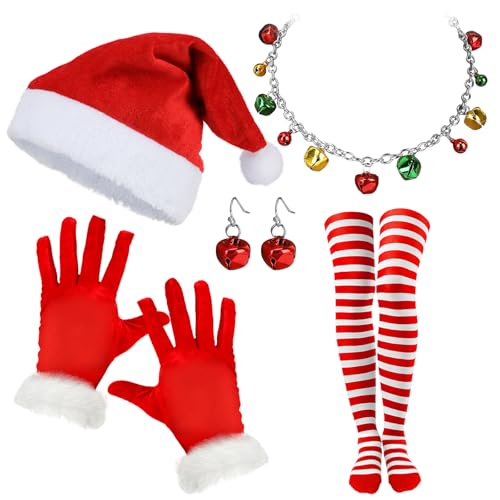 HOWAF Weihnachtsmann Kostüm Damen, Weihnachtsmütze Weihnachtsmann Mütze Nikolausmütze Erwachsene Handschuhe Weihnachts Halskette Ohrringe Weihnachtsstrümpfe Weihnachtskostüm Karneval Fasching Kostüm von HOWAF