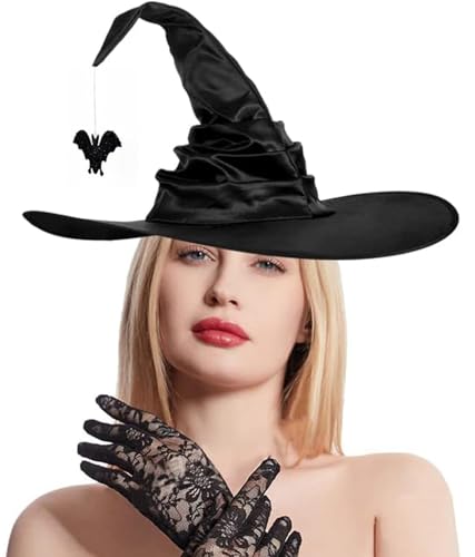 HPONEZJ Hexenhut Halloween Hexe Spitzhut mit Fledermaus Zaubererhut Schwarz Hexenmütze Verformbar Spitzmütze Böse Zauberer Hexenkostüm Wizard Witch Hut für Halloween Party Cosplay Schwarz Fledermaus von HPONEZJ