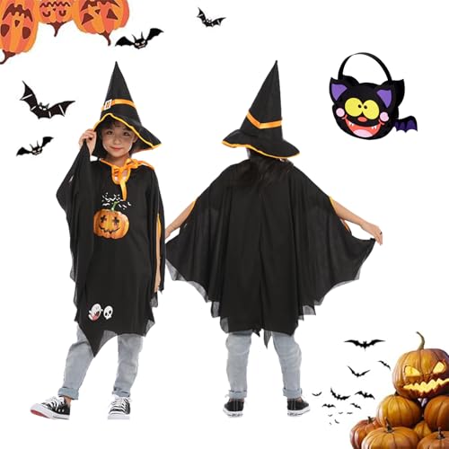 HPiano Kinderkostüm Fledermaus mit Kürbis Tasche,Fledermaus Umhang mit Hut,Fledermaus Umhang Kinder,Halloween Kostüm Kinder Mädchen mit Halloween Tüten für Mädchen Jungen, Karneval, Cosplay Party von HPiano