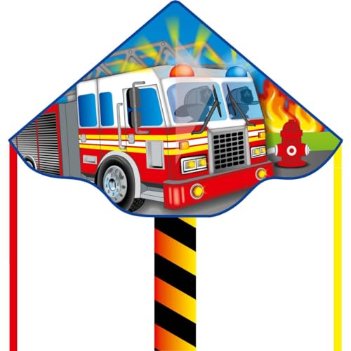 Ecoline Simple Flyer 120 Kinderdrachen Flugdrachen Einleiner Drachen zum steigen Lassen wenig Wind ab 5 Jahre 75x120cm+1.5m Drachenschwanz 17kp Polyesterschnur 25m auf Griff 2-5 Bft (Fire Truck) von HQ HIGH QUALITY DESIGN