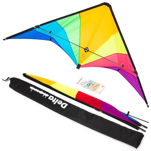 HQ 116005 - Delta Hawk Neon-Rainbow, Lenkdrachen Zweileiner, Flugdrachen, Drachen für Kinder und Erwachsene, ab 14 Jahren, 146x72cm, 70-100kp Lenkschnüre empfohlen, 3-8 Beaufort von HQ HIGH QUALITY DESIGN