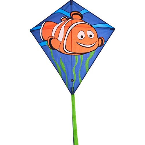 HQ Eddy Clownfish Kinderdrachen Drachen Flugdrachen Einleiner Drachen zum steigen lassen wenig Wind, ab 5 Jahre 68x68cm und 200cm Drachenschwanz inkl. 17kp Polyesterschnur 40m auf Spule 2-5 Beaufort von HQ HIGH QUALITY DESIGN