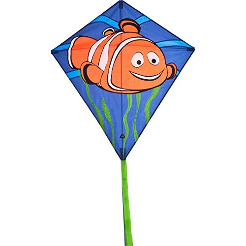 HQ Eddy Clownfish Kinderdrachen Drachen Flugdrachen Einleiner Drachen zum steigen Lassen wenig Wind, ab 5 Jahre 68x68cm und 200cm Drachenschwanz inkl. 17kp Polyesterschnur 40m auf Spule 2-5 Beaufort von HQ HIGH QUALITY DESIGN