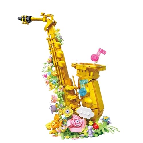 HQWBVD Musikinstrumentenmodell Stadt Kreativität Blumenstrauß Musikinstrument Saxophon Mädchen Geschenkset DIY Pädagogische Blöcke Ziegel Ornament Modell von HQWBVD