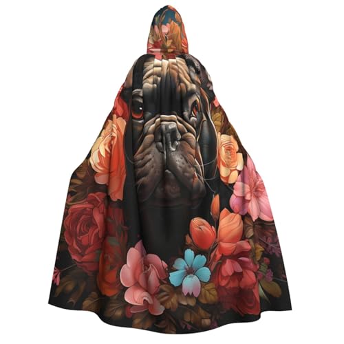 HQaxsfQxnr Kapuzenumhang Halloween Kapuzenumhang Bulldogge und Blumen Kapuzenmantel Herren Damen Halloween Umhang Cosplay Kostüme von HQaxsfQxnr