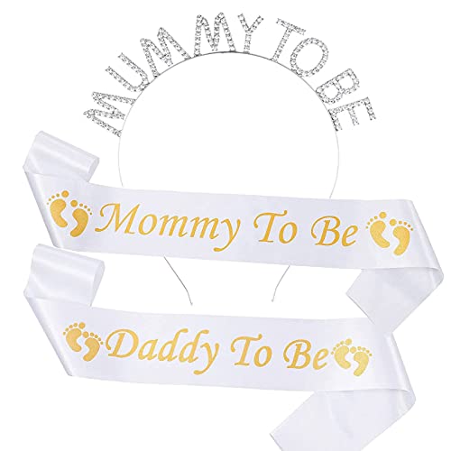 Baby Shower Schärpe inklusive Daddy to Be Schärpe Mummy To Be Schärpe mit Krone, Baby Shower Party Deko Mummy Haar Dekorationen Schwangere werdende Mutter Geschenk Baby Willkommen Party Decors(Weiß) von HRASY