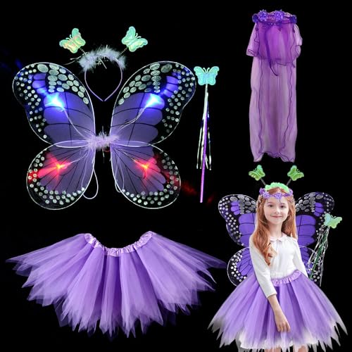 HRKVSK Leuchtend Feenkostüm, Fee Prinzessin Tutu Kostüm Set, Feenflügel Kinder Leuchtend mit Kleid Flügel Zauberstab und Stirnband Geschenke für Kinder Dress up Party Liefert Gefälligkeiten von HRKVSK