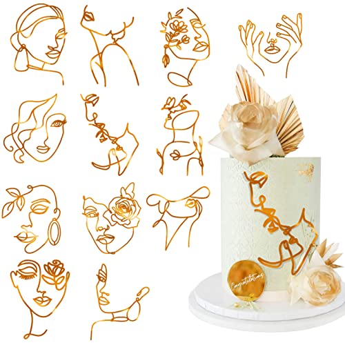 12 Stück Acryl Damen Gesicht Kuchen Topper Minimalistische Kunst Happy Birthday Kuchen Topper Frauen Hochzeit Kuchen Dekoration für Hochzeit Geburtstag Party (Gold) von HSDSH