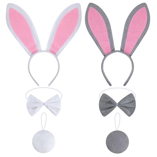 2 Sets Hasenohren und Schwanz Set, Bunny Ohren Haarreif Kostüm Set Kaninchen Haarreif Easter Stirnband Kaninchenohren Fliege und Schwanz für Kinder Erwachsene Karneval Oster Cosplay Kostüm Party von HSDSH