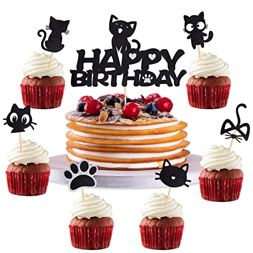 HSDSH 25 Stück Katze Cupcake Topper Schwarz Kätzchen Cake Topper Tortendeko Kindergeburtstag für Katzenliebhaber Kätzchen Thema Babyparty Kinder Geburtstag Hochzeit Party Kuchen Dekorationen Zubehör von HSDSH