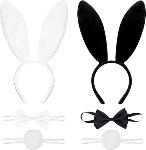 Hasenohren Haarreif, Halloween Cosplay Kostüm Dress Up, Kaninchenohren Bunny Ohren Haarreif, Plüsch Stirnband Fliege Schwanz Set für Halloween Karneval Ostern Party Kinder Erwachsene Schwarz Weiß von HSDSH