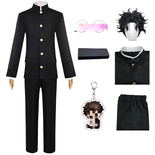 HSJZBQSM Anime Dandadan Cosplay-Kostüm Schwarzes Schuluniform-Set mit Perücke Brille Halloween Ken Takakura Cosplay-Set (Schwarz+Perücke, 2XL) von HSJZBQSM