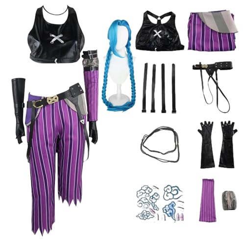 HSJZBQSM Arcanejinx Cosplay-Kostüm mit Perücke und Tattoo-Aufklebern. Komplettes Halloween Jinxarcane Damen-Cosplay-Kostüm-Set (A+Wig, 2XL) von HSJZBQSM