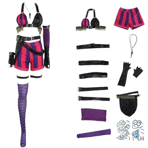 HSJZBQSM Arcanejinx Cosplay-Kostüm mit Perücke und Tattoo-Aufklebern. Komplettes Halloween Jinxarcane Damen-Cosplay-Kostüm-Set (B, 2XL) von HSJZBQSM