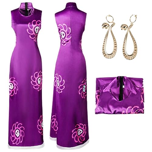 HSJZBQSM Boa Hancock Cosplay-Kostüm, Cheongsam-Print-Kleid, Kimono-Umhang-Set mit Perücke, Schlangenohrringen, Halloween-Komplettset (Lila, 2XL) von HSJZBQSM