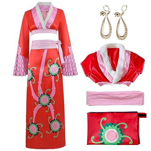 HSJZBQSM Boa Hancock Cosplay-Kostüm, Cheongsam-Print-Kleid, Kimono-Umhang-Set mit Perücke, Schlangenohrringen, Halloween-Komplettset (Rot, 2XL) von HSJZBQSM