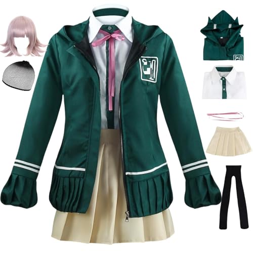 HSJZBQSM Chiaki Nanami Cosplay Kostüm Dunkelgrüne Schuluniform mit Kapuze Halloween Danganronpa Cosplay Kostüm (Green+Wig, L) von HSJZBQSM