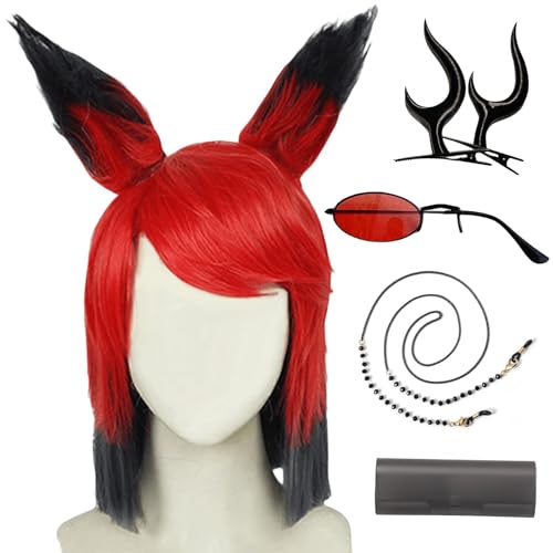 HSJZBQSM Hazbin Hotel Cosplay Alastor Requisiten Rote Perücke Monokular Brille Teufel Kalb Hörner Alastor Cosplay Zubehör (01, Einheitsgröße) von HSJZBQSM