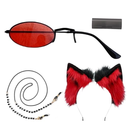 HSJZBQSM Hazbin Hotel Cosplay Alastor Requisiten Rote Perücke Monokular Brille Teufel Kalb Hörner Alastor Cosplay Zubehör (02, Einheitsgröße) von HSJZBQSM