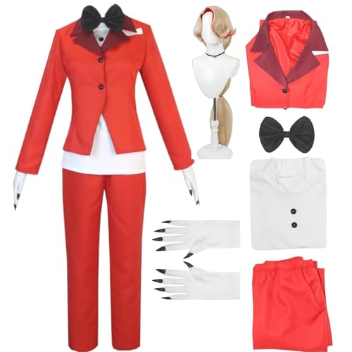 HSJZBQSM Hazbin Hotel Cosplay Charlie Morningstar Kostüm Roter Anzug mit Handschuhen Halloween Uniform Set (Charlie+Perücken, XXXL) von HSJZBQSM