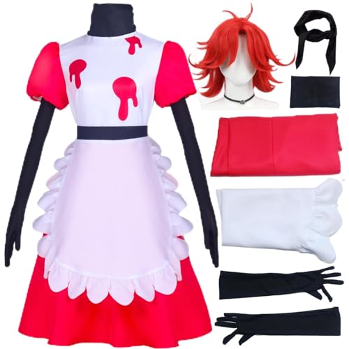 HSJZBQSM Hazbin Hotel Cosplay Niffty Kostüm mit Perücke, rosa Kleid mit weißer Schürze, Halloween-Dienstmädchen-Anzug (Niffty+Perücke, L) von HSJZBQSM