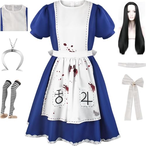 HSJZBQSM Madness Returns Cosplay Alice-Kostüm mit Halskette, Dienstmädchen-Kleid-Set, Halloween-Wahnsinn-Kostümparty (Blau-A+Perücke, 2XL) von HSJZBQSM