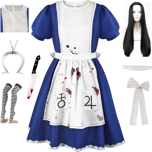 HSJZBQSM Madness Returns Cosplay Alice-Kostüm mit Halskette, Dienstmädchen-Kleid-Set, Halloween-Wahnsinn-Kostümparty (Blau-A+Perücke, XS) von HSJZBQSM