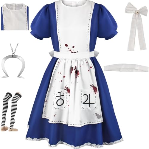 HSJZBQSM Madness Returns Cosplay Alice-Kostüm mit Halskette, Dienstmädchen-Kleid-Set, Halloween-Wahnsinn-Kostümparty (Blau-A, 2XL) von HSJZBQSM