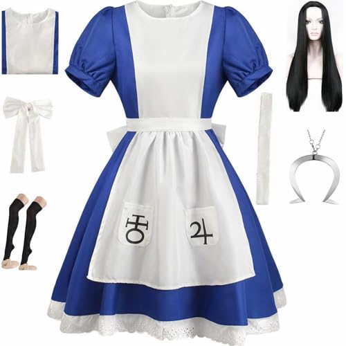 HSJZBQSM Madness Returns Cosplay Alice-Kostüm mit Halskette, Dienstmädchen-Kleid-Set, Halloween-Wahnsinn-Kostümparty (Blau-B+Perücke, 2XL) von HSJZBQSM