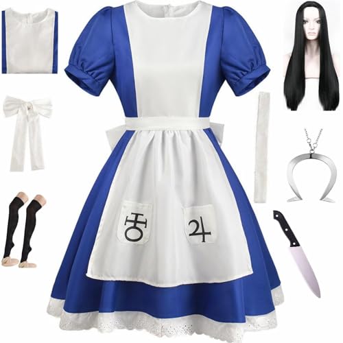 HSJZBQSM Madness Returns Cosplay Alice-Kostüm mit Halskette, Dienstmädchen-Kleid-Set, Halloween-Wahnsinn-Kostümparty (Blau-B+Perücke, 3XL) von HSJZBQSM