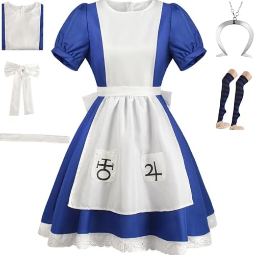 HSJZBQSM Madness Returns Cosplay Alice-Kostüm mit Halskette, Dienstmädchen-Kleid-Set, Halloween-Wahnsinn-Kostümparty (Blau-B, 2XL) von HSJZBQSM