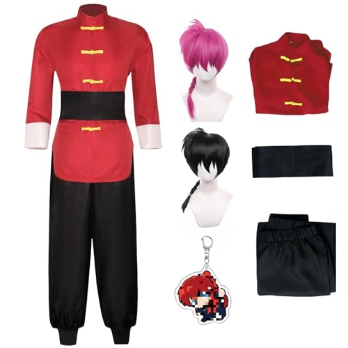 HSJZBQSM Ranma 1/2 Cosplay-Kostüm, roter Kung-Fu-Anzug mit Perücke, Halloween-Party, Ranma-Cosplay-Anzug (Damen + Perücken (2), L) von HSJZBQSM