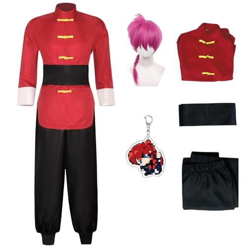 HSJZBQSM Ranma 1/2 Cosplay-Kostüm, roter Kung-Fu-Anzug mit Perücke, Halloween-Party, Ranma-Cosplay-Anzug (Frauen+Rote Perücke, L) von HSJZBQSM