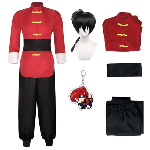 HSJZBQSM Ranma 1/2 Cosplay-Kostüm, roter Kung-Fu-Anzug mit Perücke, Halloween-Party, Ranma-Cosplay-Anzug (Frauen+Schwarze Perücke, L) von HSJZBQSM