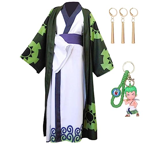 HSJZBQSM Roronoa Zoro Cosplay-Kostüm, Ohrring, Kimono, Umhang, Perücke, Halloween-Party, einteiliger Anime-Kimono-Anzug (Grün, L) von HSJZBQSM