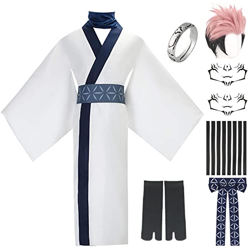 HSJZBQSM Ryomen Sukuna Cosplay-Kostüm mit Perücke, Ring, Tattoo-Aufkleber, weißes Kimono-Set, Jujutsu Kaisen Cosplay-Halloween-Outfit (Weiß+Perücke, L) von HSJZBQSM