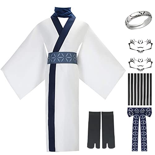 HSJZBQSM Ryomen Sukuna Cosplay-Kostüm mit Perücke, Ring, Tattoo-Aufkleber, weißes Kimono-Set, Jujutsu Kaisen Cosplay-Halloween-Outfit (Weiß, L) von HSJZBQSM