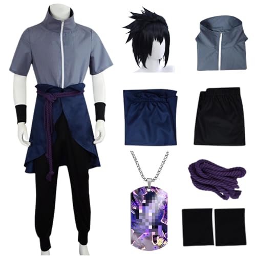 HSJZBQSM Uchiha Sasuke Cosplay-Kostüm für Erwachsene mit Perücke, japanisches Ninja-Kimono-Set, Sasuke-Kostüm, Halloween-Set (Grau+Perücke, L) von HSJZBQSM