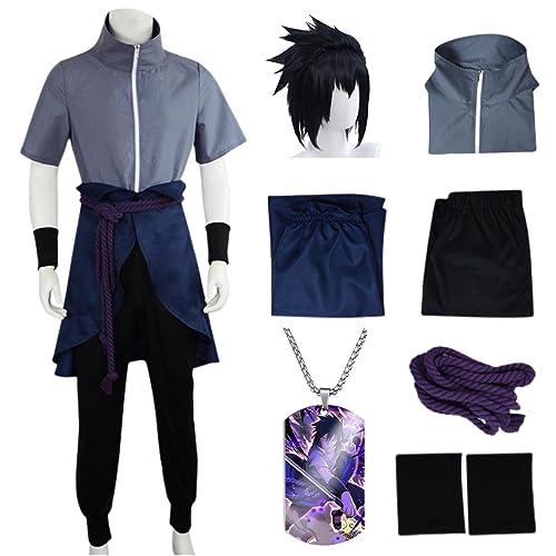 HSJZBQSM Uchiha Sasuke Cosplay-Kostüm für Erwachsene mit Perücke, japanisches Ninja-Kimono-Set, Sasuke-Kostüm, Halloween-Set (Grau+Perücke, M) von HSJZBQSM