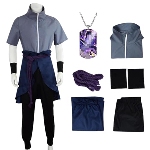 HSJZBQSM Uchiha Sasuke Cosplay-Kostüm für Erwachsene mit Perücke, japanisches Ninja-Kimono-Set, Sasuke-Kostüm, Halloween-Set (Grau, L) von HSJZBQSM