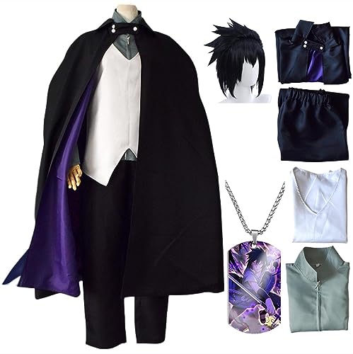 HSJZBQSM Uchiha Sasuke Cosplay-Kostüm für Erwachsene mit Perücke, japanisches Ninja-Kimono-Set, Sasuke-Kostüm, Halloween-Set (Schwarz+Perücke, 3XL) von HSJZBQSM