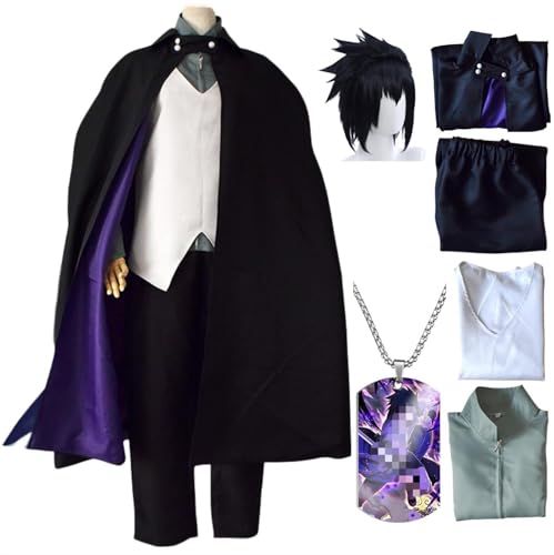 HSJZBQSM Uchiha Sasuke Cosplay-Kostüm für Erwachsene mit Perücke, japanisches Ninja-Kimono-Set, Sasuke-Kostüm, Halloween-Set (Schwarz+Perücke, L) von HSJZBQSM