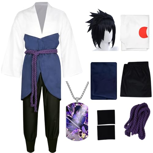 HSJZBQSM Uchiha Sasuke Cosplay-Kostüm für Erwachsene mit Perücke, japanisches Ninja-Kimono-Set, Sasuke-Kostüm, Halloween-Set (Weiß+Perücke, 2XL) von HSJZBQSM