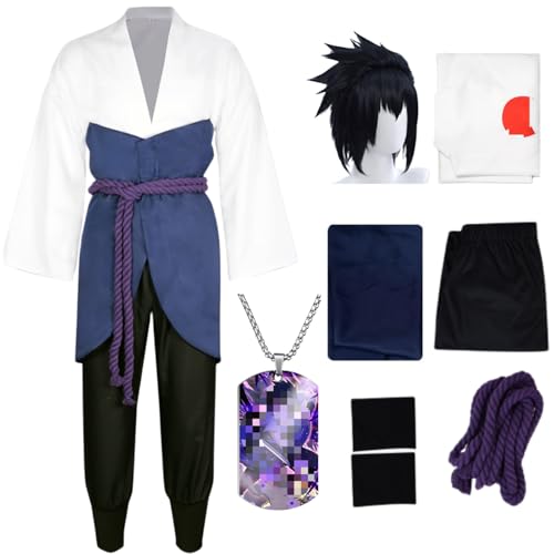 HSJZBQSM Uchiha Sasuke Cosplay-Kostüm für Erwachsene mit Perücke, japanisches Ninja-Kimono-Set, Sasuke-Kostüm, Halloween-Set (Weiß+Perücke, L) von HSJZBQSM