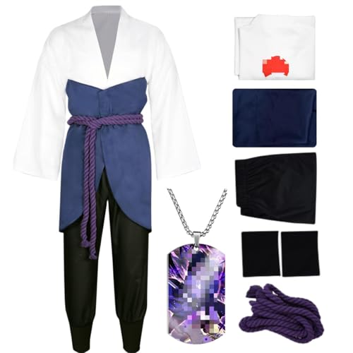 HSJZBQSM Uchiha Sasuke Cosplay-Kostüm für Erwachsene mit Perücke, japanisches Ninja-Kimono-Set, Sasuke-Kostüm, Halloween-Set (Weiß, L) von HSJZBQSM